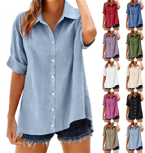 Damblus, elegant långärmad affärslinneblus, dam, sommar, 3/4 ärm, linneskjorta, lätt linneskjorta, revers lång blus, lång långskjorta, linne, skjortblus, eleganta blusar, oversize blusskjorta, t-shirt