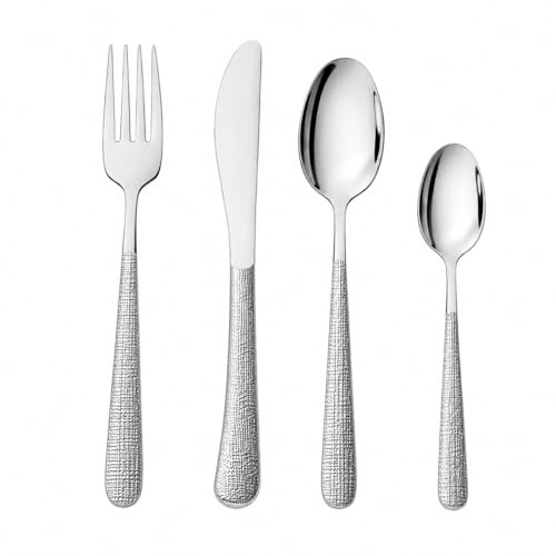 Retronz 24-Piece Cutlery Set for 6, 18/10 Stainless Steel Siverware Set with Textured Hammered Finish, Mirror Polish Knives Forks & Spoons, Gift Box Included, Dishwasher Safe