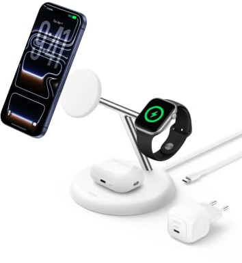Belkin UltraCharge 3-in1 Induktive-Ladestation mit Qi2, 25W – Weiß | Qi2.2-zertifiziert, MagSafe Kompatibles Kabelloses Ladegerät für iPhone, Apple Watch, Kopfhörer; USB-C-Kabel, 45W Netzteil
