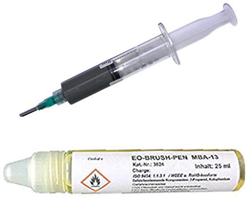 EO SMD-Lötset Nr. 9 (Niedrig schmelzende Rework-Paste EO-RP-005 Spritze, 20 g, SnAgBi57,6 (T4) + EO-Brush-Pen MBA-13, 25 ml, (No-Clean Flux, 16% Feststoff, hoher Kolophoniumanteil)