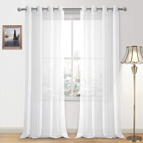 DWCN White Sheer Curtains Linen Look Grommet Long Curtain for Bedroom Voile Sheer Drapes Set of 2 Panels, 52 x 108 Inch Length