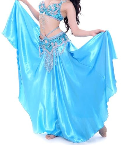 Wuchieal Bauchtanz Satin Rock Professionelle Tänzer Glänzender Full Round Swing Dance Skirt (Hellblau, One Size)