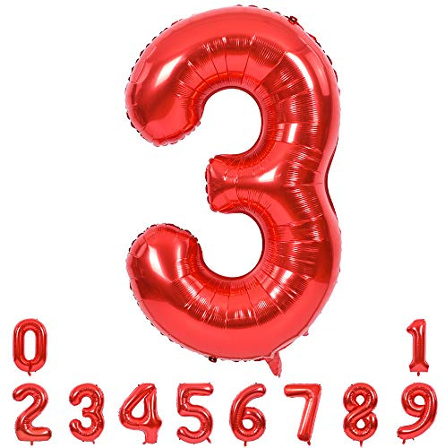 TONIFUL 40 Inch Red Large Numbers Balloons 0-9, Number 3 Digital 3 HeliumFoil Mylar Big Number Balloons for 2026 Mother's Day New Year Eve Graduation Valentine's Day Birthday Party Anniversary Party