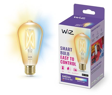 WiZ Lampadina Smart WiFi, Luce Bianca da Calda a Fredda Dimmerabile, Filamento Ambrata, E27, 7W, Tecnologia SpaceSense, Controllo Vocale (Alexa, Apple HomeKit, Google Home)