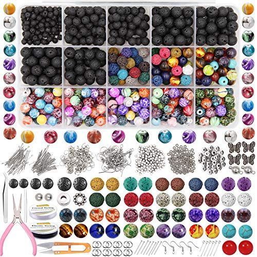 EuTengHao 846Pcs Lavasteinperlen Rock Loose Beads Cloisonne Beads Kit mit Tintenmustern Chakra Beads Spacer Anhänger Perlen für Diffusor Ätherische Öle Adult DIY Bracelet Jewelry Making Supplies