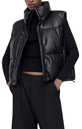 Ailoqing Womens Faux Leather Puffer Vest Zip Up Sleeveless Winter Cropped Jacket(Black-S)