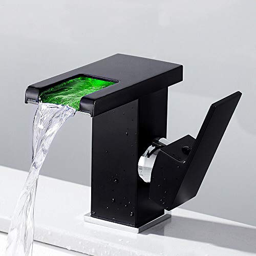 Acesunny LED Spültischarmatur Wasserhahn Wasserfall Armatur Badarmatur Waschbecken Wasserfall-Einhandmischer Wasserhahn Bad Waschtisch Waschbecken Armatur (Schwarz)