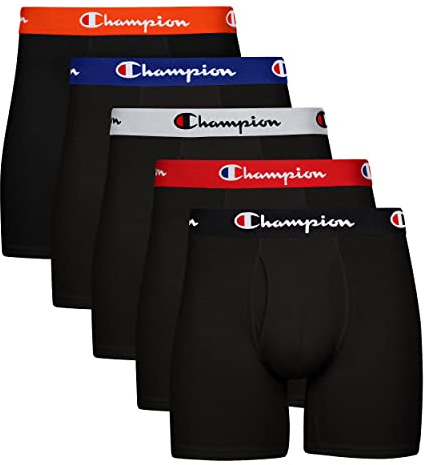 Champion Men’s Boxer Briefs, Cotton Stretch Underwear with Mesh Pouch, Moisture-Wicking, No Ride-Up Fit, Logo Waistband, Multi-Pack, Black-5 Pack, Large