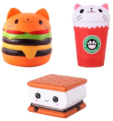 Anboor 3 st Squishies matset, Kawaii katt squishies hamburgare, katt kaffekopp, smmore kex klämset för barn fest gåva lindra stress leksaker