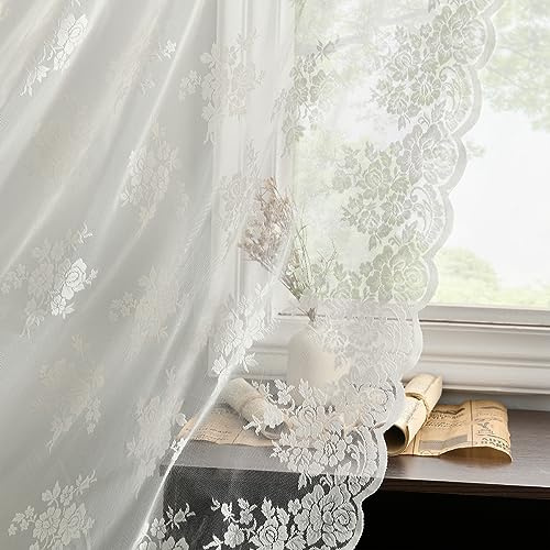 Kotile Ivory Lace Curtains 84 Inches Long 2 Panels, W52 x L84 Inch, Rusitc Floral Pattern Vintage Lace Sheer Curtains for Living Room, Rod Pocket Light Filtering Privacy Vintage Sheer Window Curtain