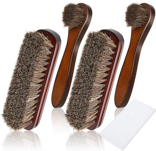 YAYODS 5pcs Shoe Brush Set, Horsehair Shoe Polish Brushes with Wooden Handle and Polishing Cloth, Shoe Shine Brush for Shoes, Boots, Car Seats, Sofas, Bags