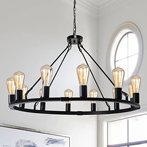 12-Light Black Wagon Wheel Chandelier, 35.4 Large Farmhouse Pendant Lighting, Dimmable Rustic Round Light Fixture for Dining Room, High Ceiling Entryway Foyer, Kitchen Island, Living Room, Porch
