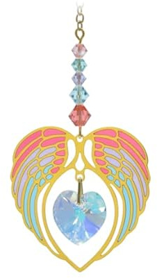 Wild Things Gifts Glass Crystal Dreams Suncatcher - April Birthstone - Angel Wing Heart - Aurora Borealis Hanging Crystal Ornament With Gold Details - Rainbow Effect