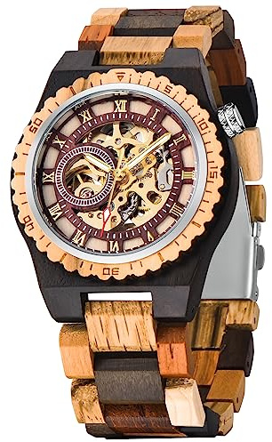 Tiong Men's Wooden Watch Automatic Winding Wooden Watch,Attractive Brown Wooden Mechanical Watch, None Digital Dial Mechanical Wooden Watch for Men-Brown