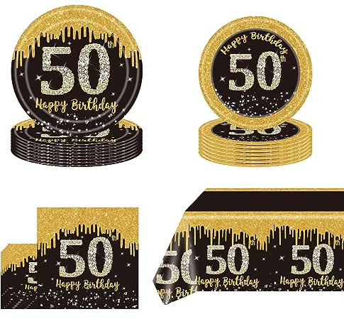 POPOYU Juego de 53 piezas de vajilla de fiesta de 50 cumpleaños para 16 invitados, 50 platos de papel de fiesta de oro negro, mantel, vasos de papel y servilletas, juego de vajilla para hombres