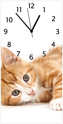 Wallario Design-Wanduhr Süße Katze mit großen Augen - rot weiß getigert aus Glas, Motiv-Uhr Größe 30 x 60 cm, Schwarze Zeiger