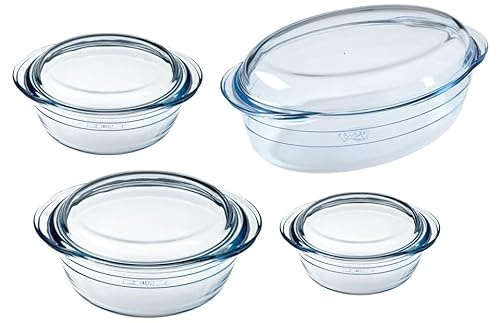 Ôcuisine® Casserole Glass Round Dishes with Handles | Extreme Resistance | Oven Safe - Freezer Safe - Microwave Safe | Borosilicate Glass | Made in France (Set Round 1.4LT + 2.1LT + 3LT & Oval 4LT)