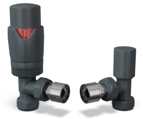 UK Radiators Thermostatic Radiator Valve Set 1/2 x 15mm - Solid Brass TRV | Textured Anthracite Grey Finish - Solid Brass 1/2 x 15mm Angled - Lockshield Included, Easy Installation