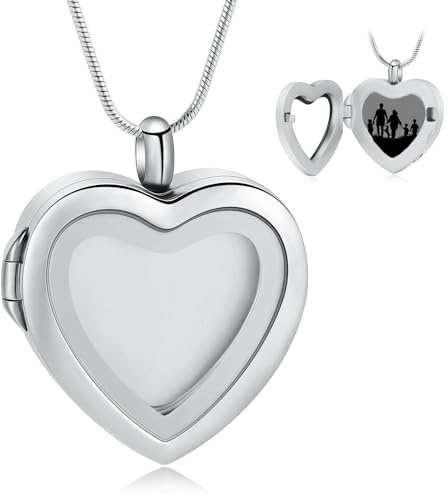QGJNSGC Collier de Bijouterie Funéraire, Médaillon Commémoratif en Forme de Cœur, Urne de Souvenir en Acier Inoxydable, Pendentif pour Cendres avec Support pour Photos, One Sizes, Acier inoxydable
