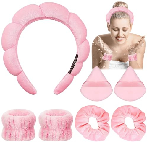 Miioto Haarband Kosmetik, 7 Piezas Make up Haarband, Diadema y Muñequeras Skincare, Anillo de Pelo Y Borla Para Empolvarse para Ducharse, Spa, Lavarse, Desmaquillarse (Rosa)