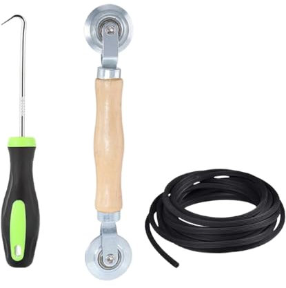 4 Stück Fliegengitter Reparatur Set, Werkzeug Doppelrad Dichtungseinroller mit Holzgriff, Insektenschutz für Fenster,10m x 5mm Gummi Kederband, für Fliegengitter Insektenschutz Ersatzteil