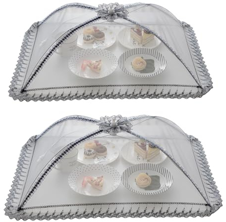 Lot de 2 grands couvercles alimentaires en maille de qualité supérieure réutilisables et pliables pour pique-nique, extérieur, 40 x 50 cm, pour protéger les mouches, les insectes, les moustiques