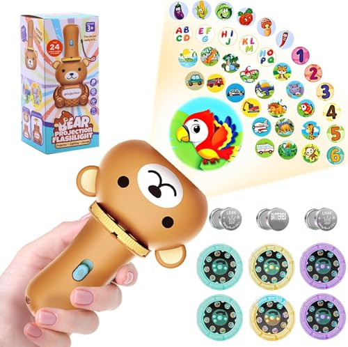 Proyector De Linterna Infantil,Linterna para niños,Linterna y proyector con 6 lentes,con 48 Patrones Diferentes juguetes de los niños (marrón)