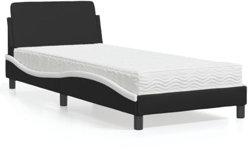 IKAYAA Boxspringbett 90x200 mit Matratze und Lattenrost, Polsterbett 90x200 cm, Kopfteil Kunstleder-Schwarz und Weiß