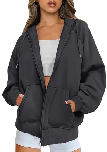 Timuspo Sweat à capuche zippé à manches longues pour femme - Veste surdimensionnée - Fermeture éclair - Polaire - Couleur unie - Veste d'automne - Y2k