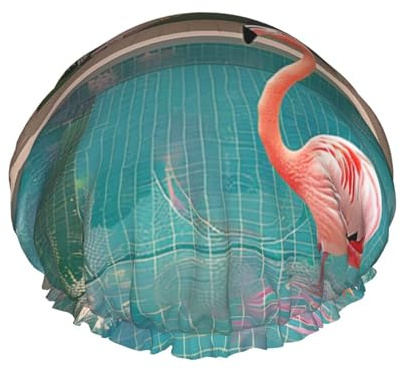 Duschhaube mit Flamingo- und Schwimmbad-Druck, doppellagig, gefüttert, Duschhauben für Damen, wiederverwendbar