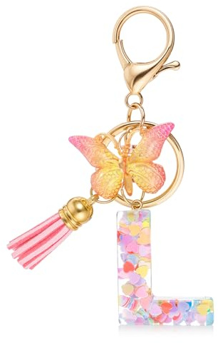 Ouligay Porte-clés en forme de L - Cadeau personnalisé pour filles et femmes - Porte-clés avec lettres initiales L et papillon en résine - Pour filles et femmes