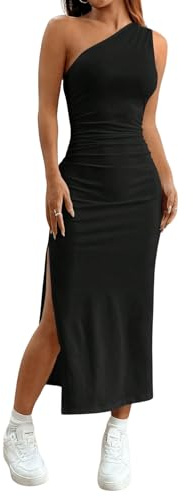 SweatyRocks Damen Ärmelloses Kleid Casaul Midikleid Asymmetrischem Ausschnitt Kleid Bodycon Freizeitkleid Sommerkleid mit Schlitz Schwarz L