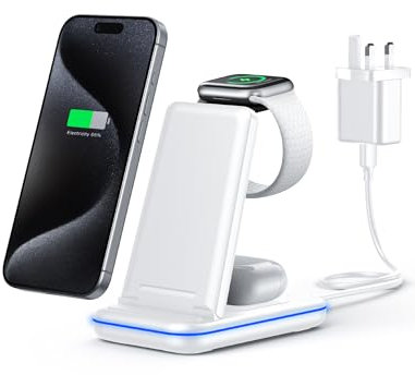 TECKNET 3-in-1 Wireless Charging Station, 15W Fast Charging Stand for iPhone 16/15/14/13/12/11, Apple Watch & AirPods with 18W UK Adapter