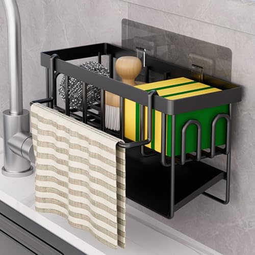 Koolkasa Küche Spülbecken Organizer Schwammhalter - Spüle Organizer mit Spültuchhalter und Automatisch Abflusspfanne, Metall Kitchen Sink Organizer - Ohne Bohren (Schwarz)