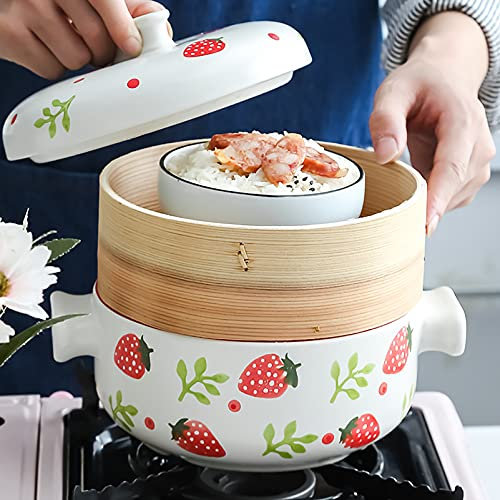LULUMAIC Cazuela Olla para Caldo Patrón de Cereza/Fresa Olla de Sopa Blanca de cerámica Olla de Barro Redonda con Tapa Vaporera para Cocina de Restaurante en casa, B, 2,5 L (A 1,5 L)