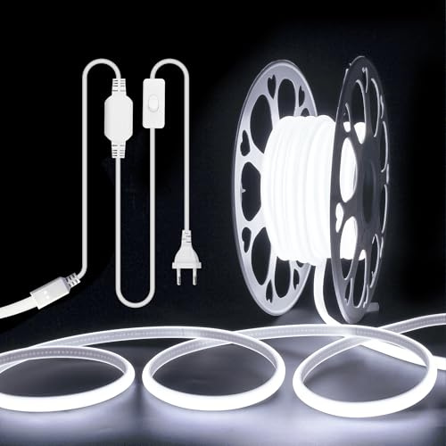 ALITOVE 230V COB LED Streifen 10m Outdoor LED Strip mit Schalter Kaltweiß | 6000K, Lichtband Aussenbereich Wasserdicht, COB 288LEDs/m, Ideal für Garten Terrasse Bad, Nicht Dimmbar, Nicht Selbstklebend