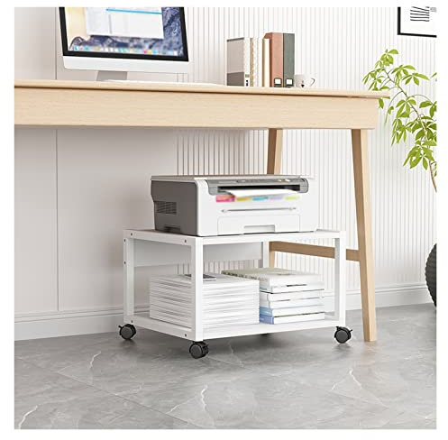 Druckerständer 2-stufiger rollender Druckerständer unter dem Schreibtisch, Druckerständer, Büro, beweglicher Druckertisch mit 4 Rädern und Verriegelungsmechanismus for Mini-3D-Drucker, Weiß Druckertis