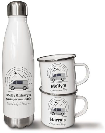 Personalised 500ml Thermal Flask and Enamel Mugs. Campervan Mug and Flask Set. Outdoor Adventure Gifts