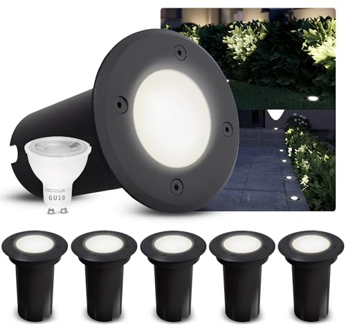 SSC-LUXon 6er Set KALPA LED Bodeneinbauspot schwarz rund GU10 3W neutralweiß 230V IP67 Bodenleuchte regenfest & befahrbar