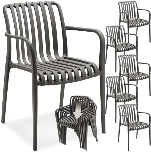 tectake® Juego de 6 Sillas de Jardín con Reposabrazos, Apilables, Resistentes a la Intemperie, Ligeras, Cap. Carga 120 kg, Juego Muebles Jardín, Juego Bistró, Sillones Terraza y Patio – Antracita