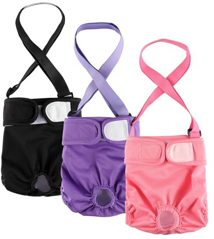 Hisprout 3-Pack Weibliche Hundewindel mit Straps Wiederverwendbare Waschbare Atmungsaktive Haltbare Hundehose für Hitzesaison Periode Inkontinenz(M,Pink/Purple/Black)