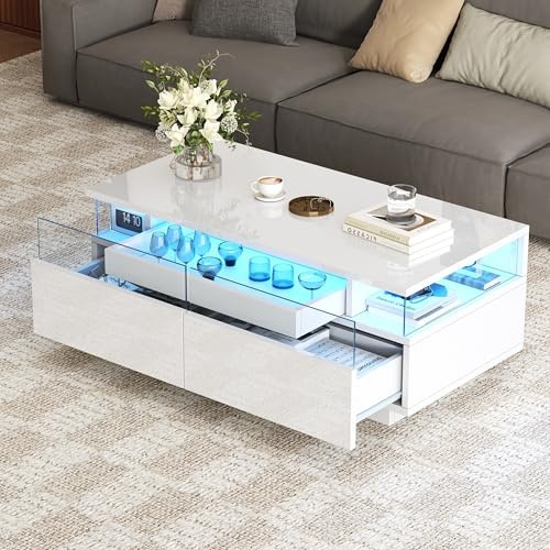Kebnor Couchtisch mit Tablett, Hochglanz-Couchtisch fürs Wohnzimmer, Sofatisch mit 2 Schubladen, tragender Beistelltisch aus gehärtetem Glas, kaffeetisch mit LED-Licht, 90 * 45 * 35.5 cm (Weiß)