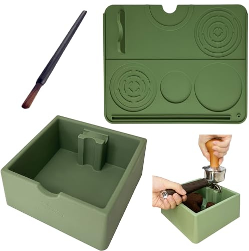 MOMAHUA Espresso Coffee Knock Box, Silicone Coffee Tamping Station 3-Piece Set Knock Box Tamper Mat and Cleaning Brush Non-Slip Espresso Accessories Heat Resistant Barista Kit for Home Cafe Green