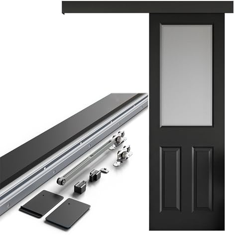 Amig - Kit puerta corredera madera - Guía 186 cm aluminio negro con autocierre - Capacidad 60 kg - Cierre suave y silencioso - Mod. SD005