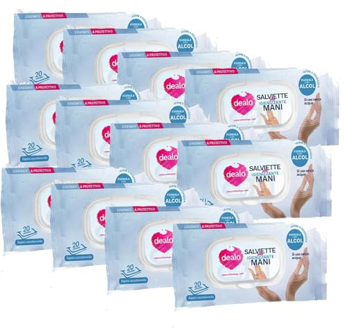 12 X Dea-lo Salviette piu' Igienizzante Mani formula con alcol 20 Pz Ideali per igienizzare le mani in ogni occasione, dentro e fuori casa