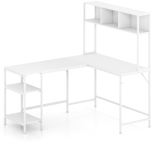 GIANTEX L-format skrivbord med bokhylla, krokar och öppna sidohyllor, hörnskrivbord med metallram, 150 x 120 x 148 cm, arbetsbord för kontor, arbetsrum (vit)