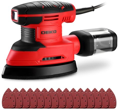 DEKOPRO Ponceuse Triangulaire 180W - Ponceuse Electrique 13000 RPM avec Dépoussiéreur et 15 Abrasifs - Ponceuse Bois Idéale pour Ponçage, Polissage, Travail du Bois - Rouge