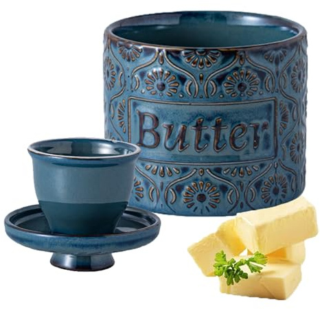 Eabdice Mantequera francesa, mantequera de cerámica, regalo de Navidad para la cocina, para mantequilla fresca y untable (azul)