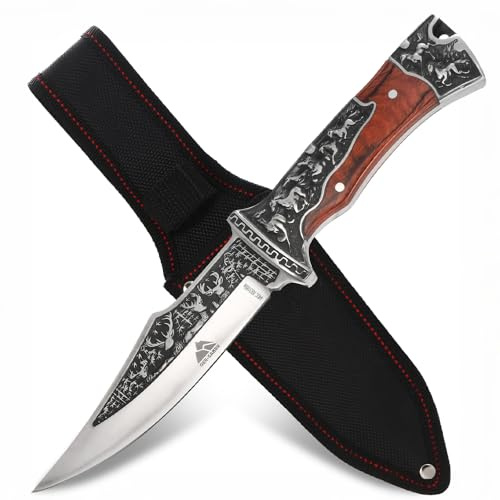 GER-SABER Outdoormesser 23cm – Clip-Point Klinge mit Tier-Gravur und verziertem Design, Klassischer Handschutz aus Edelstahl, Ergonomischer Holzgriff Varianten, Robuster Outdoor Begleiter (rot)