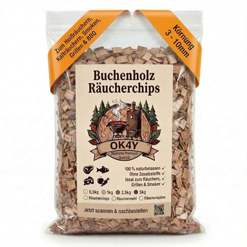 ok4y Räucherchips Buche – Grobes Buchenholz Körnung 3–10 mm | 0,5–5 kg wählbar – Smoker Chips für Räucherofen & Kaltrauchgenerator | Räucherzubehör Fisch, Fleisch, Wurst & Käse | Deutsche Marke